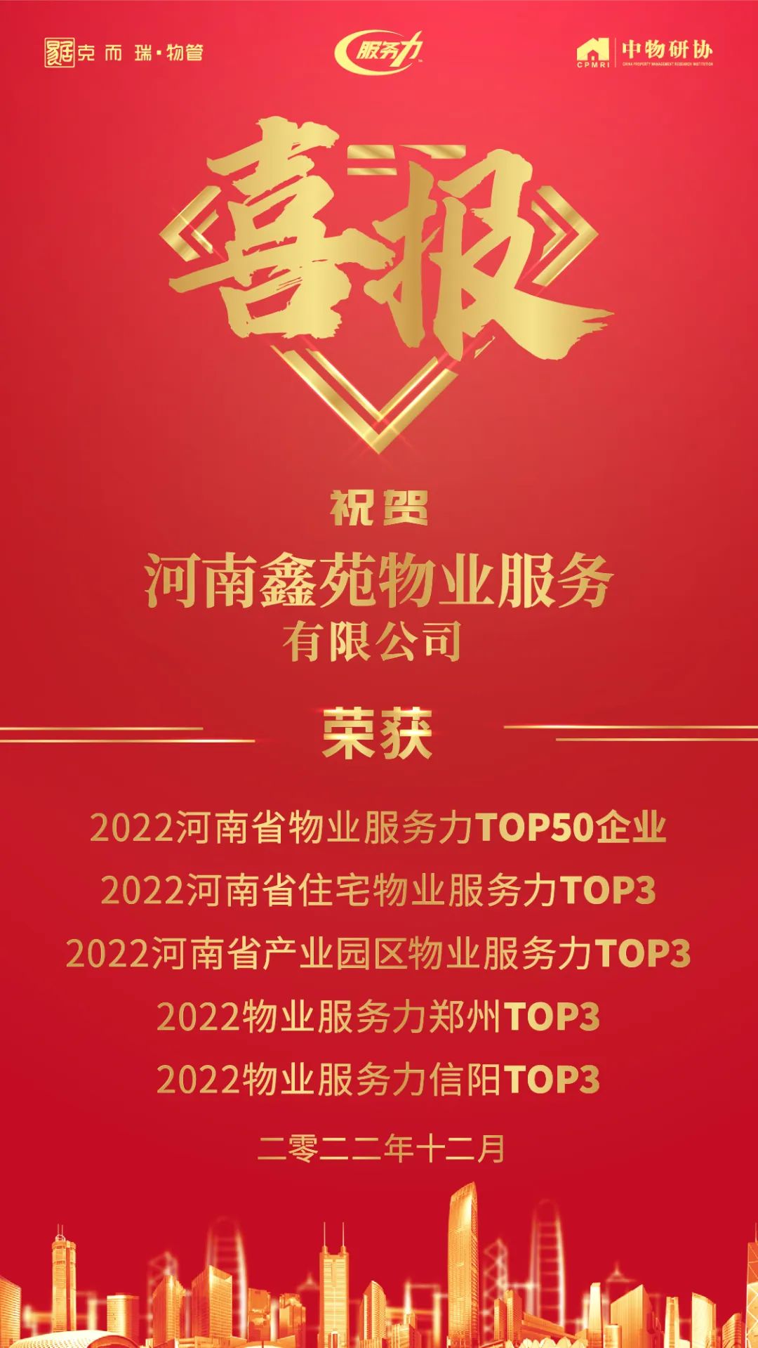 喜报 | 河南鑫苑物业荣获“2022河南省物业服务力TOP50企业”、“2022河南省住宅物业服务力TOP3”等